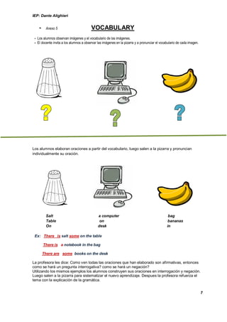 IEP: Dante Alighieri


    -    Anexo 5                         VOCABULARY
 - Los alumnos observan imágenes y el vocabulario de las imágenes.
 - El docente invita a los alumnos a observar las imágenes en la pizarra y a pronunciar el vocabulario de cada imagen.




Los alumnos elaboran oraciones a partir del vocabulario, luego salen a la pizarra y pronuncian
individualmente su oración.




         Salt                                 a computer                                        bag
         Table                                 on                                               bananas
         On                                   desk                                             in

 Ex: There is salt some on the table

        There is a notebook in the bag

        There are some books on the desk

La profesora les dice: Como ven todas las oraciones que han elaborado son afirmativas, entonces
como se hará un pregunta interrogativa? como se hará un negación?
Utilizando los mismos ejemplos los alumnos construyen sus oraciones en interrogación y negación.
Luego salen a la pizarra para sistematizar el nuevo aprendizaje. Despues la profesora refuerza el
tema con la explicación de la gramática.


                                                                                                                         7
 