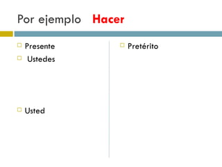 Por ejemplo  Hacer Presente Ustedes Usted Pretérito 