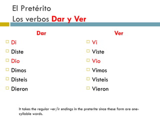 El Pretérito  Los verbos  Dar y Ver Dar Di Diste Dio Dimos Disteis Dieron Ver Vi Viste Vio Vimos Visteis Vieron It takes the regular –er/ir endings in the preterite since these form are one-syllable words. 