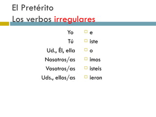 El Pretérito  Los verbos  irregulares   Yo  Tú  Ud., Él, ella Nosotros/as Vosotros/as Uds., ellos/as e iste o imos isteis ieron 