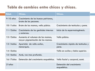 Tabla de cambios entre chicos y chicas.  Edad. Chicas. Chicos. 9-10 años Crecimiento de los huesos pelvianos, brote de los pezones. 10-11años Brote de las mamas, vello púbico.  Crecimiento de testículos y pene. 11-12años Crecimiento de los genitales internos y externos. Inicio de la espermatogénesis. 12-13años Aumenta el volumen de las mamas, mayor pigmentación de las mamas.  Vello púbico. 13-14años Aparición  de vello axilar, menarquía. Crecimiento rápido de testículos y pene. 14-15años Vello en axilas y labio superior. 15-16años Acné, voz mas profunda.  16-17años Detención del crecimiento esquelético. Vello facial y corporal, acné. 21años Detención del crecimiento esquelético. 