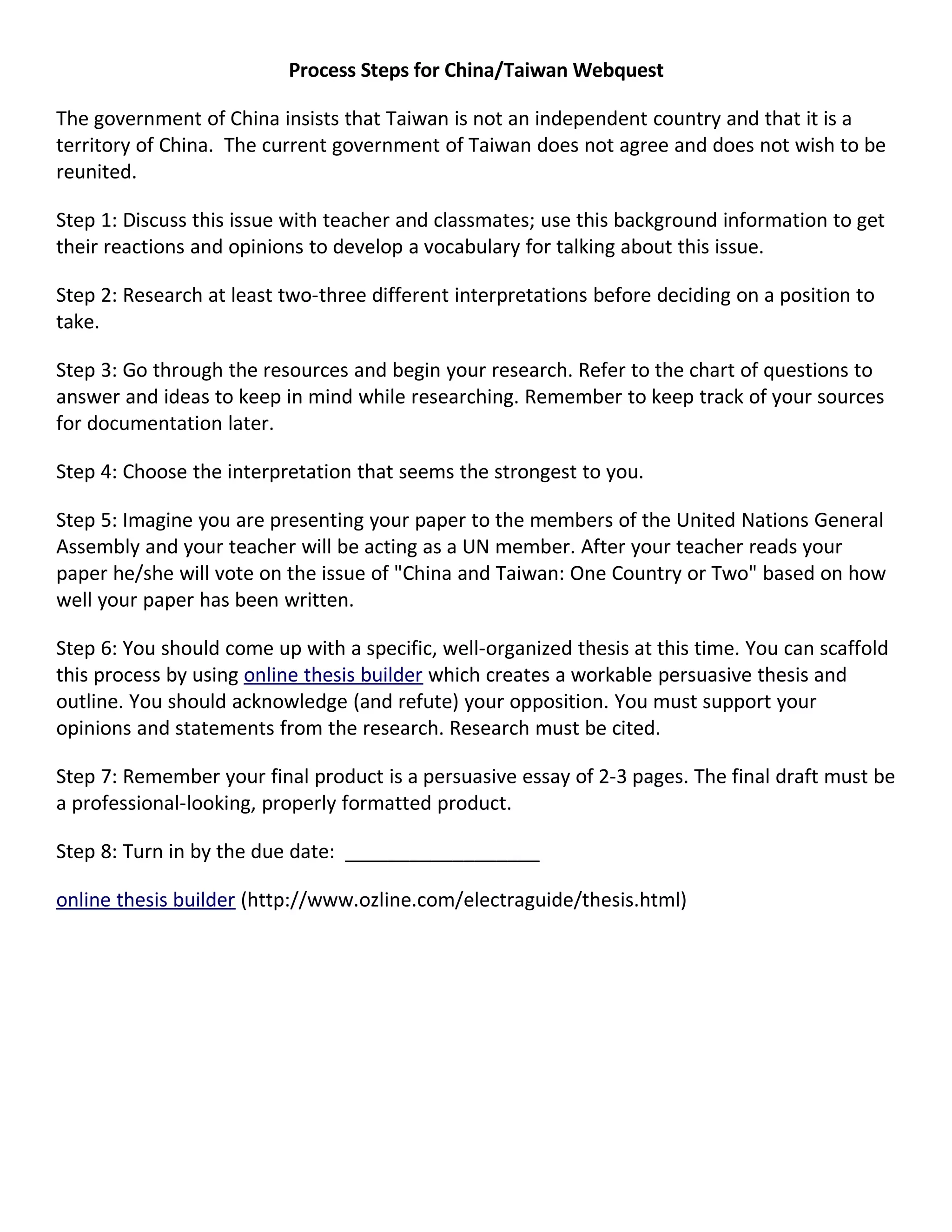 Process Steps for China/Taiwan WebQuest