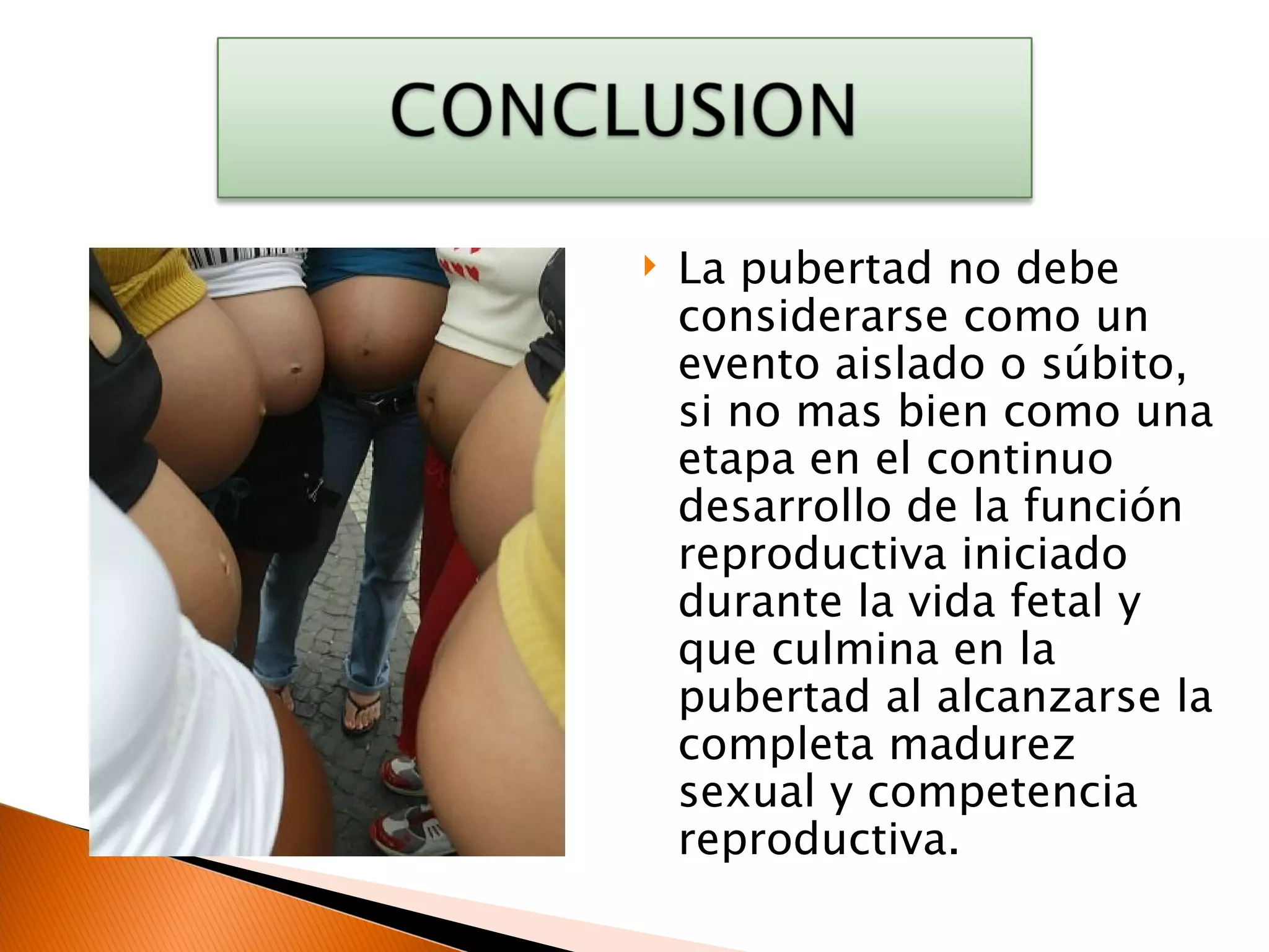 La pubertad no debe considerarse como un evento aislado o súbito, si no mas bien como una etapa en el continuo desarrollo de la función reproductiva iniciado durante la vida fetal y que culmina en la pubertad al alcanzarse la completa madurez sexual y competencia reproductiva. 