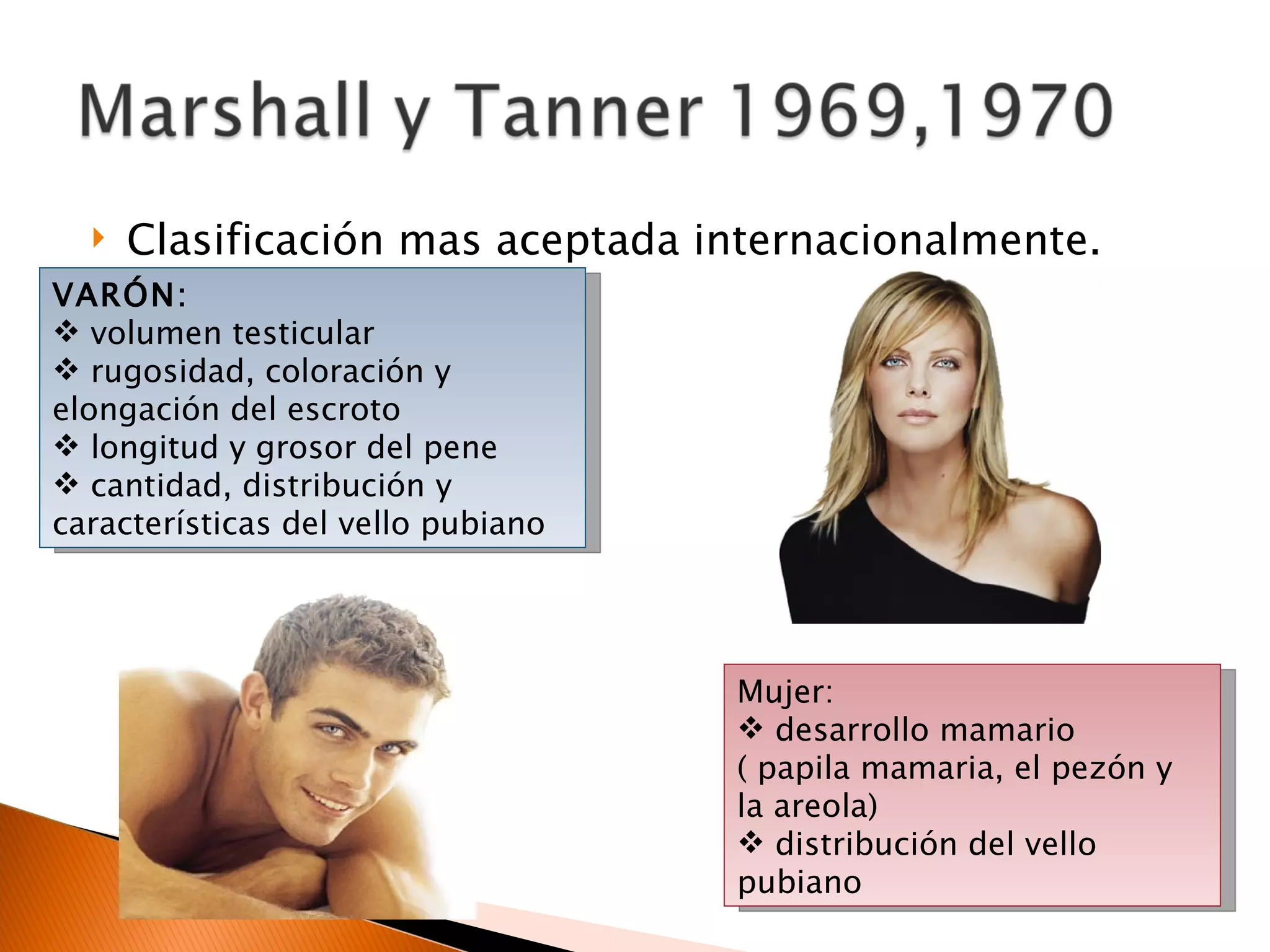 Clasificación mas aceptada internacionalmente. VARÓN: volumen testicular rugosidad, coloración y elongación del escroto longitud y grosor del pene cantidad, distribución y características del vello pubiano Mujer: desarrollo mamario ( papila mamaria, el pezón y la areola) distribución del vello pubiano 