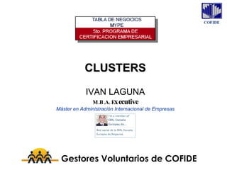 CLUSTERS IVAN LAGUNA M.B.A. E xecutive Máster en Administración Internacional de Empresas Gestores Voluntarios de COFIDE 