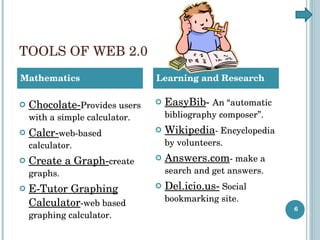 TOOLS OF WEB 2.0 <ul><li>Chocolate- Provides users with a simple calculator. </li></ul><ul><li>Calcr- web-based calculator...