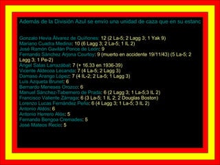 Además de la División Azul se envío una unidad de caza que en su estancia en la URSS derribó  los siguientes aparatos soviéticos Gonzalo Hevia Álvarez de Quiñones :  12 (2 La-5; 2 Lagg 3; 1 Yak 9) Mariano Cuadra Medina : 10 (6 Lagg 3; 2 La-5; 1 IL 2) José Ramón Gavilán Ponce de León : 9 Fernando Sánchez Arjona Courtoy : 9 (muerto en accidente 19/11/43) (5 La-5; 2 Lagg 3; 1 Pe-2) Ángel Salas Larrazábal : 7 (+ 16.33 en 1936-39) Vicente Aldecoa Lecanda : 7 (4 La-5; 2 Lagg 3) Damaso Arango López : 7 (4 IL-2; 2 La-5; 1 Lagg 3) Luis Azqueta Brunet : 6 Bernardo Meneses Orozco : 6 Manuel Sánchez-Tabernero de Prada : 6 (2 Lagg 3; 1 La-5;3 IL 2) Francisco Valiente Zárraga : 6 (3 La-5; 1 IL 2; 2 Douglas Boston) Lorenzo Lucas Fernández Peña : 6 (4 Lagg 3; 1 La-5; 3 IL 2) Antonio Aldós : 6 Antonio Herrero Alós : 5 Fernando Bengoa Cremades : 5 José Mateos Recio : 5 