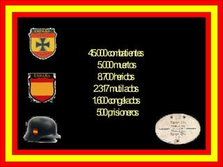 45.000 combatientes 5.000 muertos 8.700 heridos 2.317 mutilados 1.600 congelados 500 prisioneros 