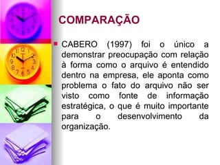 COMPARAÇÃO CABERO (1997) foi o único a demonstrar preocupação com relação à forma como o arquivo é entendido dentro na empresa, ele aponta como problema o fato do arquivo não ser visto como fonte de informação estratégica, o que é muito importante para o desenvolvimento da organização.  
