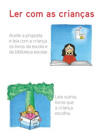 Ler com as crianças

Aceite a proposta
e leia com a criança
os livros da escola e
da biblioteca escolar.




                         Leia outros
                         livros que
                         a criança
                         escolha.
 