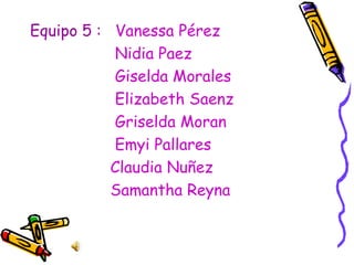 <ul><li>Equipo 5 :   Vanessa Pérez </li></ul><ul><li>Nidia Paez </li></ul><ul><li>Giselda Morales </li></ul><ul><li>Elizab...