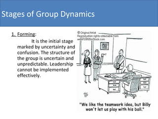 Stages of Group Dynamics 1.  Forming :  It is the initial stage marked by uncertainty and confusion. The structure of the group is uncertain and unpredictable. Leadership cannot be implemented effectively . 