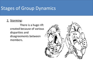 2. Storming :  There is a huge rift created because of various disparities and disagreements between members. Stages of Group Dynamics 