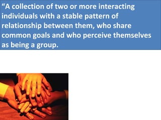 “ A collection of two or more interacting individuals with a stable pattern of relationship between them, who share common goals and who perceive themselves as being a group. 