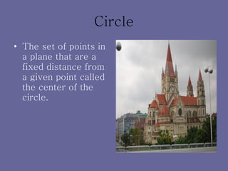 Circle The set of points in a plane that are a fixed distance from a given point called the center of the circle. 