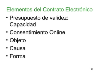 Elementos del Contrato Electrónico Presupuesto de validez: Capacidad Consentimiento Online Objeto Causa Forma 