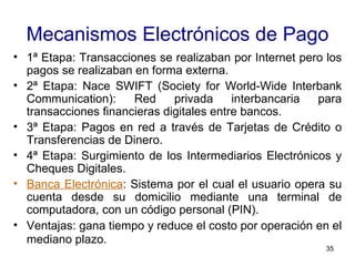 Mecanismos Electrónicos de Pago 1ª Etapa: Transacciones se realizaban por Internet pero los pagos se realizaban en forma externa.  2ª Etapa: Nace SWIFT (Society for World-Wide Interbank Communication): Red privada interbancaria para transacciones financieras digitales entre bancos.  3ª Etapa: Pagos en red a través de Tarjetas de Crédito o Transferencias de Dinero. 4ª Etapa: Surgimiento de los Intermediarios Electrónicos y Cheques Digitales.  Banca Electrónica : Sistema por el cual el usuario opera su cuenta desde su domicilio mediante una terminal de computadora, con un código personal (PIN).  Ventajas: gana tiempo y reduce el costo por operación en el mediano plazo.   
