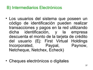 B) Intermediarios Electrónicos Los usuarios del sistema que poseen un código de identificación pueden realizar transacciones y pagos en la red utilizando dicha identificación, y la empresa descuenta el monto de la tarjeta de crédito del usuario (Ej: First Virtual Holdings Incorporated, Paypal, Paynow, Netcheque, Netchex, Echeck)  Cheques electrónicos o digitales  