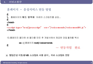 홈페이지  -  음성서비스 연동 방법   1.  홈페이지의  헤드 영역에   아래의 스크립트를 삽입 .   <head> … <script type="text/javascript"  src="/voicemonds/voicemonDS.js"> </head> 홈페이지 폴더에 새 폴더를 만든 후 개발사에서 제공한 파일 3 개를 복사 ex : { 홈페이지 root}/voicemonds   3.  서비스방안 …  연동작업  완료  ※  웹접근성 지침 –  VB  스크립트 사용 금지 ,  자바 스크립트 권장 