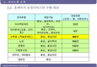 2.2.  홈페이지 음성서비스의 수혜 대상 2.  보이스몬 소개 장애유형 제공기능 대상인원 ( 단위  :  명 ,  대한민국 ) 저시력장애인 음성 ,  글자확대 ,  고대비 ,  하이라이트 15 만 언어장애 ( 조음 ,  인지 등 ) 음성 ,  고대비 , 하이라이트 ,  음성사전 5 만 난독증  ( 학습장애인 ) 음성 ,  음성사전 400 만 노인 음성 ,  글자확대 700 만 문맹자 음성 ,  음성사전 100 만 다문화가정 음성 ,  음성사전 100 만 외국인 ,  재외동포 음성 ,  음성사전 일반인 음성 