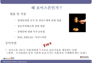 왜 보이스몬인가 ? 공익측면 -  보이스몬  DS 는 사용자에게  무상 으로 보조기술을 제공하는 모델 ( 반면 ,  스크린리더 등의 기존의 보조기기는 사용자가 구매해야 하는 모델 ) 법률 및 지침 장애인차별 금지 및 권리구제에 관한 법률 정보격차해소에 관한 법률 장애인에 대한 특수교육법  W3C, KWCAG  가이드라인 Free 