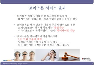 보이스몬 서비스 효과 읽기와 언어에 장애를 가진 독서장애인 들에게 웹 사이트의 웹접근성 ,  보조 학습지원과 사용성을 향상 보이스몬은 웹 컨텐츠를 다음의 두가지 방식으로 제공 소리 (Audio)-  위치가 확인되는  ‘음성기능’ 시각 (Visual)-  위치확인이 가능한  ‘하이라이트 기능’ 보이스몬을 웹사이트에 적용하시려면 1 년 단위 사용권 계약 당신의 웹사이트에 적용할 코드 제공 모든 페이지의 음성기능은 보이스몬에서 호스팅  