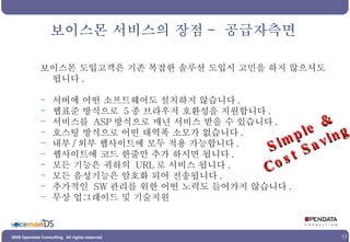 보이스몬 서비스의 장점 -  공급자측면 Simple & Cost Saving 보이스몬 도입고객은 기존 복잡한 솔루션 도입시 고민을 하지 않으셔도 됩니다 . 서버에 어떤 소프트웨어도 설치하지 않습니다 . 웹표준 방식으로  5 종 브라우저 호환성을 지원합니다 . 서비스를  ASP 방식으로 매년 서비스 받을 수 있습니다 . 호스팅 방식으로 어떤 대역폭 소모가 없습니다 . 내부 / 외부 웹사이트에 모두 적용 가능합니다 . 웹사이트에 코드 한줄만 추가 하시면 됩니다 . 모든 기능은 귀하의  URL 로 서비스 됩니다 . 모든 음성기능은 암호화 되어 전송됩니다 . 추가적인  SW 관리를 위한 어떤 노력도 들어가지 않습니다 . 무상 업그레이드 및 기술지원 