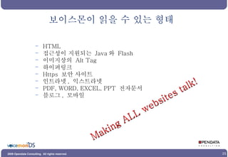 보이스몬이 읽을 수 있는 형태  HTML 접근성이 지원되는  Java 와  Flash 이미지상의  Alt Tag 하이퍼링크 Https  보안 사이트 인트라넷 ,  익스트라넷 PDF, WORD, EXCEL, PPT  전자문서 블로그 ,  모바일 Making ALL websites talk! 