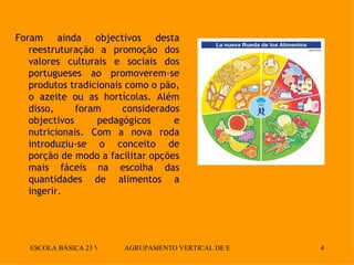 Foram ainda objectivos desta reestruturação a promoção dos valores culturais e sociais dos portugueses ao promoverem-se produtos tradicionais como o pão, o azeite ou as hortícolas. Além disso, foram considerados objectivos pedagógicos e nutricionais. Com a nova roda introduziu-se o conceito de porção de modo a facilitar opções mais fáceis na escolha das quantidades de alimentos a ingerir. 