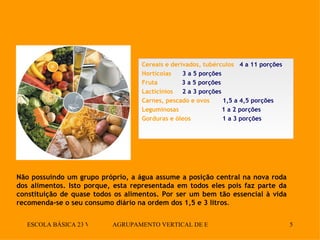 Cereais e derivados, tubérculos   4 a 11 porções   Hortícolas  3 a 5 porções Fruta  3 a 5 porções Lacticínios   2 a 3 porções Carnes, pescado e ovos   1,5 a 4,5 porções Leguminosas  1 a 2 porções Gorduras e óleos   1 a 3 porções Não possuindo um grupo próprio, a água assume a posição central na nova roda dos alimentos. Isto porque, esta representada em todos eles pois faz parte da constituição de quase todos os alimentos. Por ser um bem tão essencial à vida recomenda-se o seu consumo diário na ordem dos 1,5 e 3 litros .  