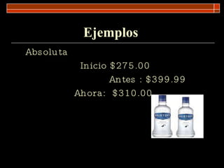 Ejemplos Absoluta  Inicio $275.00 Antes : $399.99 Ahora:  $310.00   
