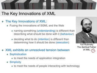 The Key Innovations of XML
 The Key Innovations of XML:
   Fusing the innovations of SGML and the Web
      naming somethi...