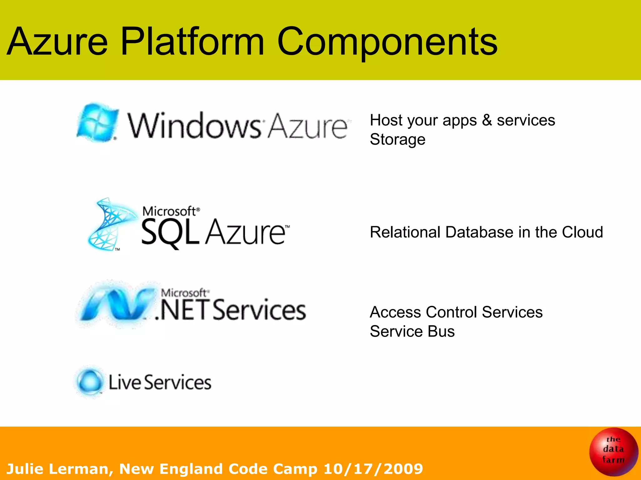 Azure Platform ComponentsJulie Lerman, New England Code Camp 10/17/2009Host your apps & servicesStorageRelational Database in the CloudAccess Control ServicesService Bus