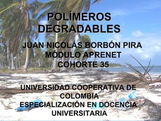 POLÍMEROS
    DEGRADABLES
JUAN NICOLÁS BORBÓN PIRA
    MÓDULO APRENET
        COHORTE 35

UNIVERSIDAD COOPERATIVA DE
          COLOMBIA
ESPECIALIZACIÓN EN DOCENCIA
       UNIVERSITARIA
 