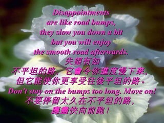 DisappointmentsDisappointments
are like road bumps,are like road bumps,
they slow you down a bitthey slow you down a bit
but you will enjoybut you will enjoy
the smooth road afterwards.the smooth road afterwards.
失望有如失望有如
不平坦的路，它 令你 度慢下 ，會 進 來不平坦的路，它 令你 度慢下 ，會 進 來
但它能使你更享受往後平坦的路。但它能使你更享受往後平坦的路。
Don't stay on the bumps too long. Move on!Don't stay on the bumps too long. Move on!
不要停留太久在不平坦的路，不要停留太久在不平坦的路，
快向前跑！應盡快向前跑！應盡
 
