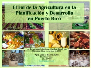 El rol de la Agricultura en la Planificación y Desarrollo en Puerto Rico 1er Conversatorio Agrícola- Cumbre Social, Inc. Miércoles, 28 de noviembre de 2007 Agro. Jessica Medina Muñiz SEA-Guaynabo  CCA-UPRM [email_address] 