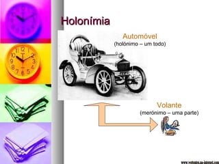 Holonímia Automóvel (holónimo – um todo) Volante (merónimo – uma parte) www.vertentes.na-internet.com 