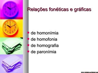 Relações fonéticas e gráficas de homonímia de homofonia de homografia de paronímia www.vertentes.na-internet.com 