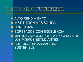 ESCENARIO  FUTURIBLE   <ul><li>ALTO RENDIMIENTO  </li></ul><ul><li>INSTITUCIÓN MÁS SOLIDA </li></ul><ul><li>CONFIANZA </li...
