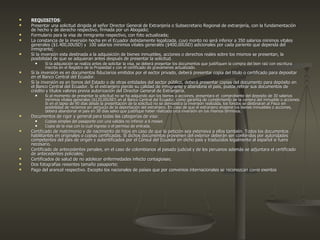 REQUISITOS : Presentar una solicitud dirigida al señor Director General de Extranjería o Subsecretario Regional de extranjería, con la fundamentación de hecho y de derecho respectivo, firmada por un Abogado; Formulario para la visa de inmigrante respectivo, con foto actualizada; La constancia de la inversión hecha en el Ecuador debidamente legalizada, cuyo monto no será inferior a 350 salarios mínimos vitales generales ($1.400,00USD) y  100 salarios mínimos vitales generales ($400,00USD) adicionales por cada pariente que dependa del inmigrante; Si la inversión esta destinada a la adquisición de bienes inmuebles, acciones o derechos reales sobre los mismos se presentan, la posibilidad de que se adquieran antes después de presentar la solicitud. Si la adquisición se realiza antes de solicitar la visa, se deberá presentar los documentos que justifiquen la compra del bien raíz con escritura inscrita en el Registro de la Propiedad y con el certificado de gravámenes actualizado. Si la inversión es en documentos fiduciarios emitidos por el sector privado, deberá presentar copia del titulo o certificado para depositar en el Banco Central del Ecuador. Si la inversión es en bonos del Estado o de otras entidades del sector público, deberá presentar copias del documento para depósito en el Banco Central del Ecuador. Si el extranjero pierde su calidad de inmigrante y abandona el país, puede retirar sus documentos de crédito y títulos valores previa autorización del Director General de Extranjería. Si al momento de presentar la solicitud no se ha adquirido aún los bienes o acciones, presentara el  comprobante del deposito de 30 salarios mínimos vitales generales ($120,00USD) en el Banco Central del Ecuador, como garantía de cumplimiento de la compra del inmueble o acciones. Si en el lapso de 90 días desde la presentación de la solicitud no se demuestra la inversión realizada, los fondos se destinaran al Fisco sin posibilidad de reclamos sin perjuicio de la deportación del extranjero. En caso de que el extranjero enajene los bienes inmuebles o acciones, deberá abandonar el país en 30 días salvo que justifique haber realizado otra inversión en los mismos términos. Documentos de rigor y general para todas las categorías de visa: Copias simples del pasaporte con una valides no inferior a 6 meses Copia de la visa con la cual ingreso o el permiso de entrada. Certificado de matrimonio y de nacimiento de hijos en caso de que la petición sea extensiva a ellos también. Todos los documentos habilitantes en originales o copias certificadas. Si dichos documentos provienen del exterior deberán ser conferidos por autoridades competentes del país de origen y autentificados por el Cónsul del Ecuador en dicho país y traducidos legalmente al español si fuere necesario. Certificado de antecedentes penales, en el caso de colombianos el pasado judicial y de los peruanos además se adjuntara el certificado de antecedentes policiales; Certificados de salud de no adolecer enfermedades infecto contagiosas; Dos fotografías resientes tamaño pasaporte; Pago del arancel respectivo. Excepto los nacionales de países que por convenios internacionales se reconozcan como exentos 