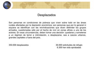 Son personas en condiciones de pobreza que viven sobre todo en las áreas rurales afectadas por la depresión económica; son personas que por lo general ni siquiera se identifican con las reivindicaciones que dicen defender los grupos armados, cuestionadas sólo por el hecho de vivir en zonas afines a uno de los actores. En esas circunstancias, deben tomar una decisión: quedarse y someterse a un régimen de terror e intimidación, o desplazarse, sea a cascos urbanos, grandes capitales o fuera del país. 350.000 desplazados  36.000 solicitudes de refugio   6.300 han sido aprobadas  Desplazados 