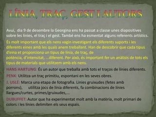 ConclusionsDesprés d’haver fet aquest dictat amb ceres, he pogut extreure diverses conclusions:Primer de tot, el color és un element molt important a l’hora de treballar amb ceres, ja que en els dibuixos que nosaltres hem hagut de fer ha estat l’element essencial que ha determinat els nostres dibuixos.Una altra cosa que considero que ha estat força important en aquest treball, ha estat la visualització i el com ens imaginem nosaltres les coses, abans de començar a dibuixar. Realment, jo no era conscient de que això facilita la feina en aquest casos en els que tens poc temps per a desenvolupar l’activitat.Per últim, crec que el fet d’haver posat en comú tots els dibuixos de la resta de companyes ens ha servit per a veure que hi ha coses que per molt que siguin abstractes, i que nos les veiem, ens transmeten les mateixes sensacions i tothom tenim la mateixa imatge visual d’elles. Per això, ha estat interessant passar per totes les taules i poder veure la semblança dels nostres dibuixos.