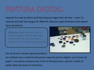 LÍNIA I NATURALÍNIA I ENTORN: parts, persianes... Ens les podem trobar passejant pel nostre propi carrer.LÍNIA I COS: el nostre cos està ple de línies. LÍNIA I TACA: Combinant una taca de color amb una línia podem obtenir el dibuix.Dibuix de retentiva: enrecordar-nos d’allò que hem estat observant, i després dibuixar-ho.Dibuix de memòria: dibuixem objectes que ens recordem de com són perquè els acostumem a veure dia a dia.LÍNIA I ESPAILÍNIA RECTA: les obtenim amb una brotxa, una paletina, un pinzell...Les tisores també ens poden proporcionar línies, es pot aconseguir un dibuix amb unes tisores. Retallar és un control motriu de la mà per als infants.Organitzar l’espai vol dir dibuixar, ja que abans has d’haver fet un esbós mental. És important fer una distribució del paper, observar-lo, i després plasmar el que volem representar. Les grafies ens proporcionen sensacions de com cadascú fa les coses. És important ensenyar als nens a mirar, cal saber els diferents punts de vista des dels quals es poden mirar les coses. 