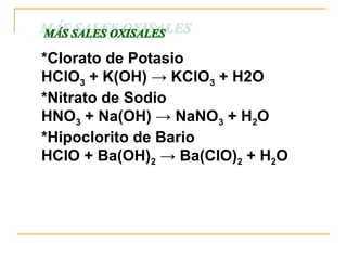 *Clorato de Potasio
HClO3 + K(OH) → KClO3 + H2O
*Nitrato de Sodio
HNO3 + Na(OH) → NaNO3 + H2O
*Hipoclorito de Bario
HClO + Ba(OH)2 → Ba(ClO)2 + H2O
 