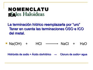 Sales HaloideasSales Haloideas
La terminación hídrico reemplazarla por “uro”La terminación hídrico reemplazarla por “uro”
Tener en cuenta las terminaciones OSO e ICOTener en cuenta las terminaciones OSO e ICO
del metal.del metal.
 Na(OH) + HCl NaCl + H2O
Hidróxido de sodio + Ácido clorhídricoHidróxido de sodio + Ácido clorhídrico → Cloruro de sodio+ agua→ Cloruro de sodio+ agua
NOMENCLATU
RA
 
