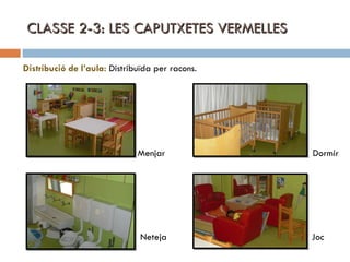CLASSE 2-3: LES CAPUTXETES VERMELLES Distribució de l’aula:  Distribuïda per racons. Menjar  Dormir Neteja  Joc 