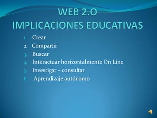 WEB 2.OIMPLICACIONES EDUCATIVAS Crear 2.   Compartir Buscar Interactuar horizontalmente On Line Investigar – consultar  Aprendizaje autónomo 