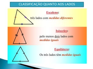 Escaleno:três lados com medidasdiferentesIsósceles:pelo menos dois lados com medidas iguaisEquilátero:Os três lados têm medidas iguaisCLASSIFICAÇÃO QUANTO AOS LADOS