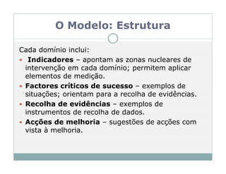 O Modelo: Estrutura

Cada domínio inclui:
  Indicadores – apontam as zonas nucleares de
 intervenção em cada domínio; permitem aplicar
 elementos de medição.
 Factores críticos de sucesso – exemplos de
 situações; orientam para a recolha de evidências.
 Recolha de evidências – exemplos de
 instrumentos de recolha de dados.
 Acções de melhoria – sugestões de acções com
 vista à melhoria.
 