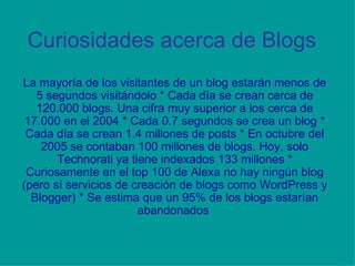 Curiosidades acerca de Blogs La mayoría de los visitantes de un blog estarán menos de 5 segundos visitándolo * Cada día se crean cerca de 120.000 blogs. Una cifra muy superior a los cerca de 17.000 en el 2004 * Cada 0.7 segundos se crea un blog * Cada día se crean 1.4 millones de posts * En octubre del 2005 se contaban 100 millones de blogs. Hoy, solo Technorati ya tiene indexados 133 millones * Curiosamente en el top 100 de Alexa no hay ningún blog (pero sí servicios de creación de blogs como WordPress y Blogger) * Se estima que un 95% de los blogs estarían abandonados  